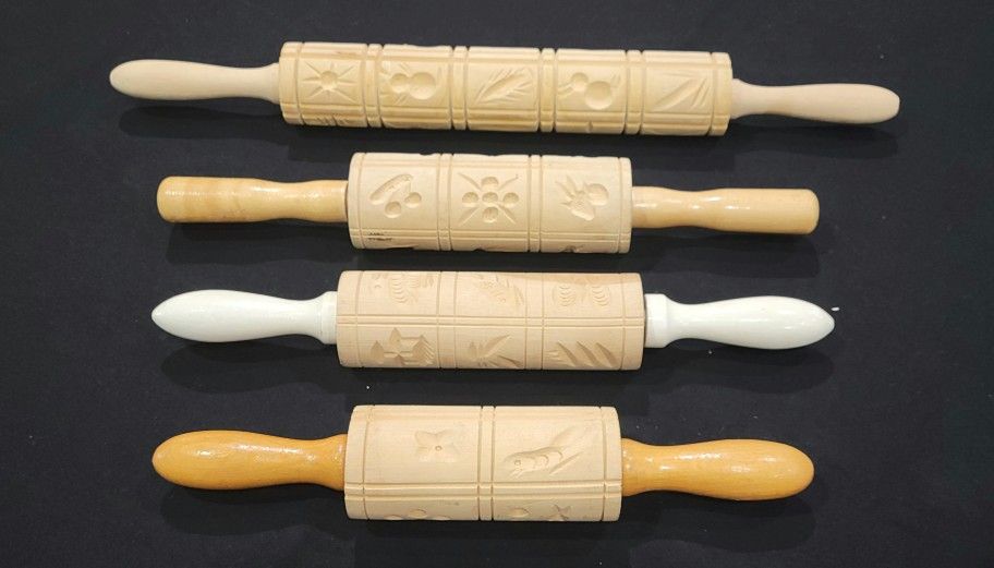 4 Vtg Wooden Rolling Pin Carved Wood Springerle Fondant 18