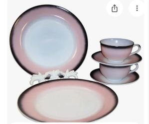 Vintage Hazel Atlas Ovide pink/black dishes - missing 1 plate