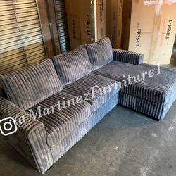 BRAND NEW DARK GREY FLUFFY CORDUROY SECTIONAL SOFA COUCH 