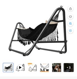 Hammock with Stand for Outside, Heavy Duty Steel Hammocks with Pillow for Backyard, Porch, Patio, Garden, white/black