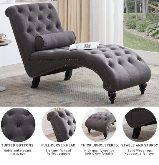 Button-Tufted Chaise Lounge Indoor with Solid Wood Legs & Support Pillow, Upholstered Chaise Lounge Chair for Bedroom Living Room Office, Armless Roll