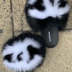 Black & White Real Fur Fluffy Slides Sizes 11.5,12 Message True Size & Other 