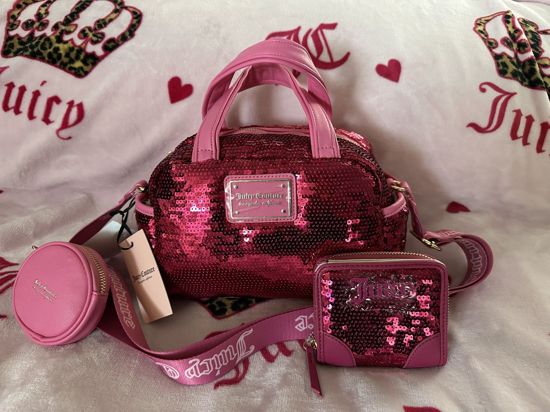 Juicy Couture Pink Sequins “Puffed Up Satchel” & matching wallet