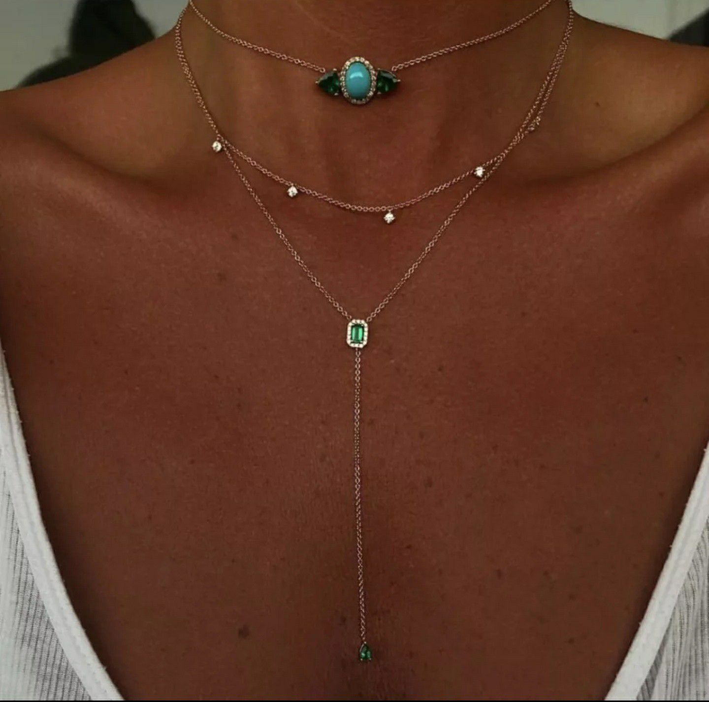 (Shipped Only) Green White Turquoise Stones 925 Sterling Silver Choker Long Chain Three Layer Necklace