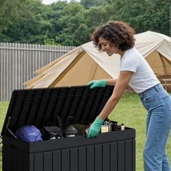 New 90 Gallons Water Resistant Lockable Deck Box Large Storage for Patio Furniture, Garden Tools, Pool Supplies, Weather and UV Resistant, with Lock, 