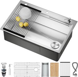 33X22 Drop In Kitchen Sink, 304 Stainless Steel Workstation Sink Pop-Up Drain, Workstation Sink, Upgraded Fast Drain, Topmount Single Bowl with Access