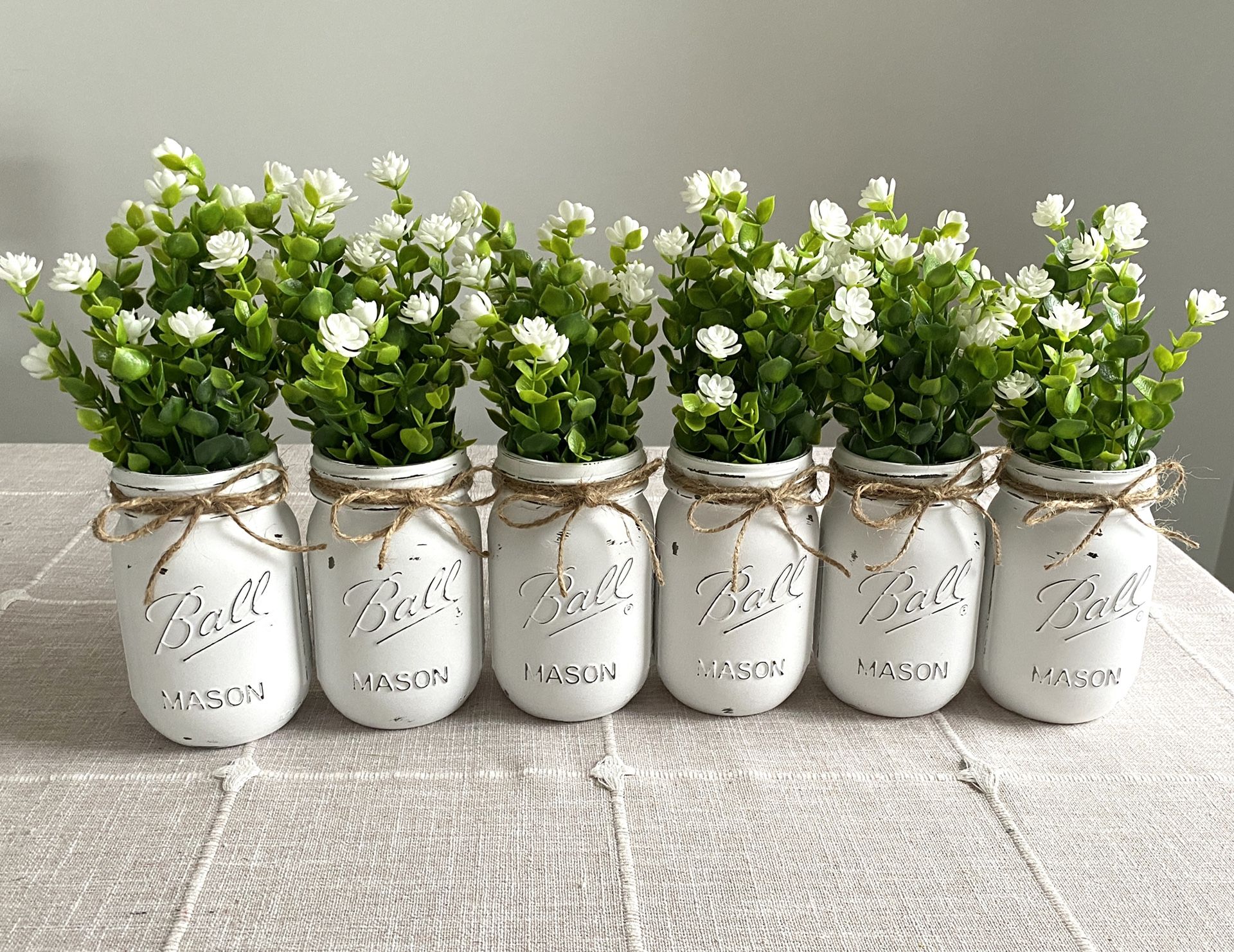 Chalk Painted & Distressed Mason Jar Vases w/faux Flowers Included 6 for $32