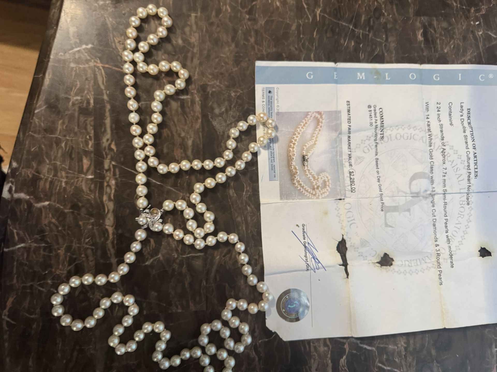 Elegant Cultured Pearl Necklace – Double Strand with 14K White Gold & Diamonds