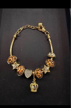 Gold Charm Bracelet with Leopard Print Beads
