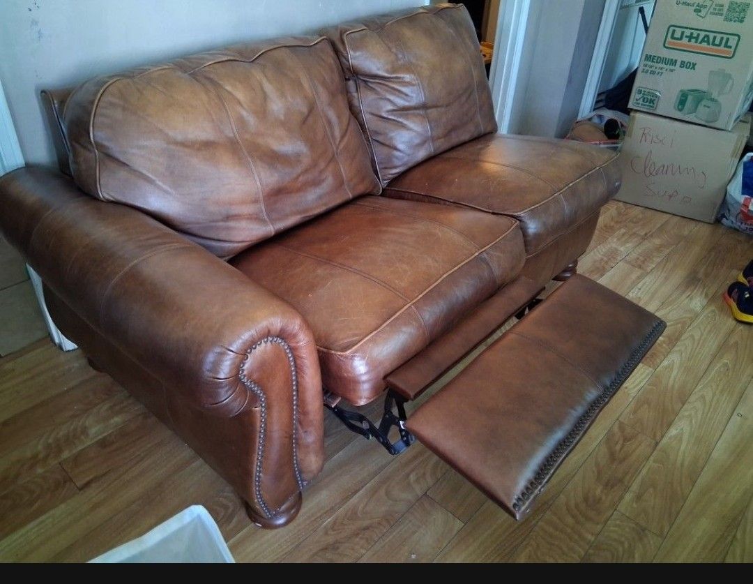 Set Of 2 Brown Leather Love seat Sofas