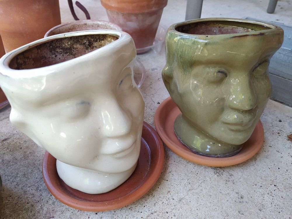 2 Head Faces Pots. Etsy Picture As Reference. 6,"X5". Price For Both With Saucers