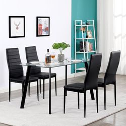 5 Piece Dining Table Set 4 Chairs Glass Metal Kitchen Room Furniture Black