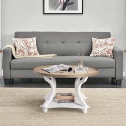 Wnutrees Farmhouse Round Coffee Table, Wood Tray Top Circle Coffee Table with Storage Shelf Rustic Style for Living Room and Vintage Finish, White 