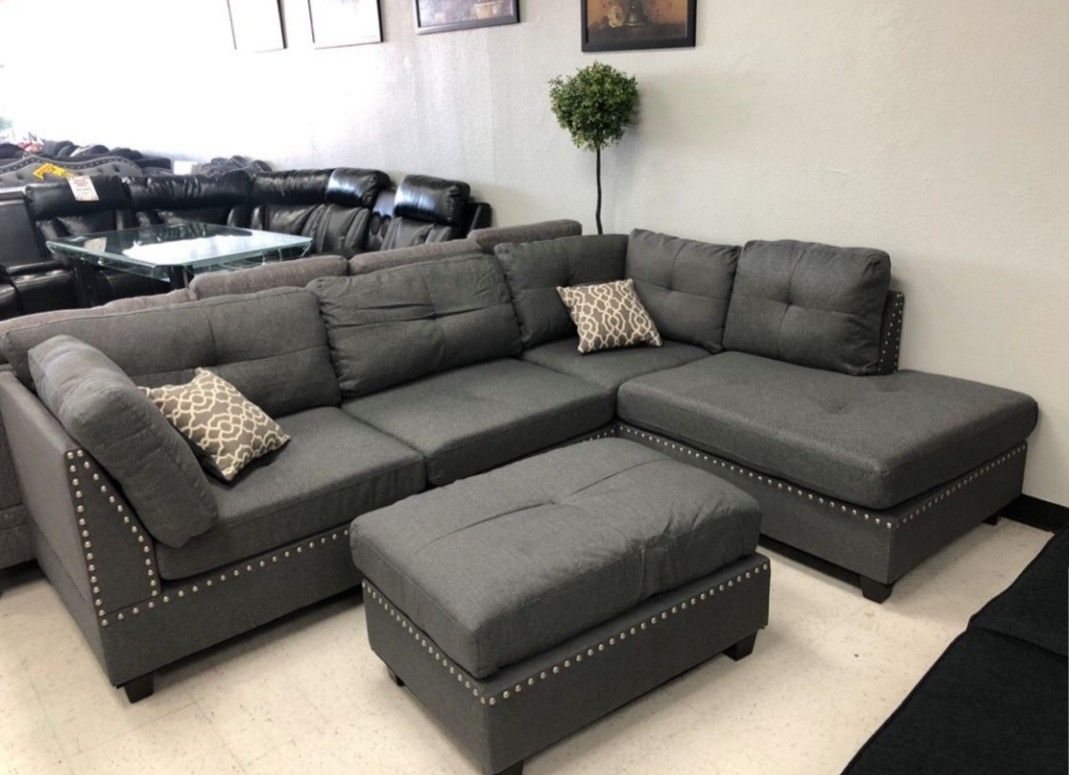 Brand New Gray Fabric Sectional Sofa +Ottoman (New In Box) 