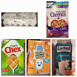 2 Egg Dozens , 3 Boxes (1% Lowafat Milk ) LACTOSE FREE, 3 CEREAL BOXES 