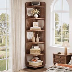 6-Tier Tall Corner Shelf, 71-Inch Rustic Narrow Corner Bookshelf Bookcase with Square Rack, Freestanding Corner Display Storage Shelf Organizer for Li