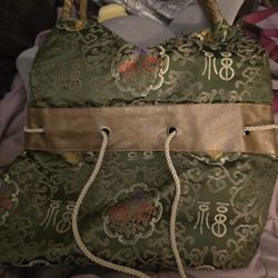 Asian Style Green and Gold Embroidered Handbag with Floral and Scrollwork Design