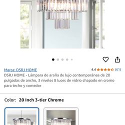 SKU SD001-500mm,DSRJ HOME - Lámpara de araña de lujo contemporánea de 20 pulgadas de ancho, 3 niveles 8 luces de vidrio chapado en cromo para techo y 