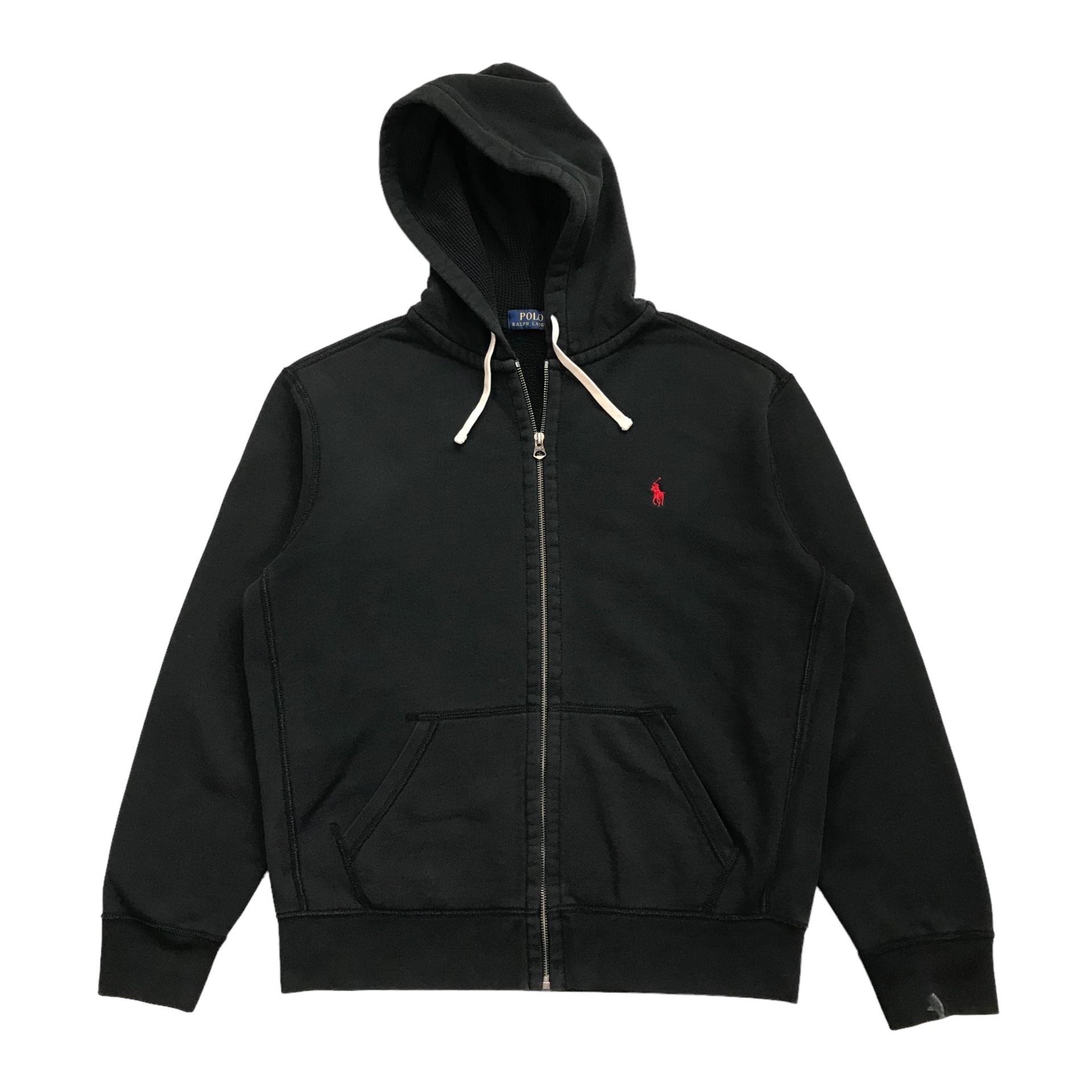 POLO RALPH LAUREN THERMAL HOODIE LARGE L MENS BLACK SWEATSHIRT FULL ZIP VINTAGE