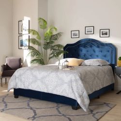 Queen Bed w/ Mattress - Samantha Velvet Upholstered Button Tufted Blue Queen Bed