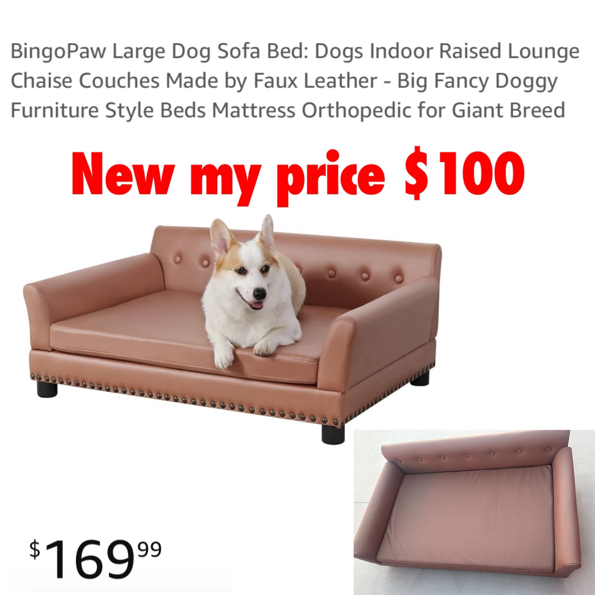 New BingoPaw Large Dog Sofa Bed: Dogs Indoor Raised Lounge Chaise Couches Made by Faux Leather - Big Fancy Doggy Furniture Style Beds Mattress Orthope