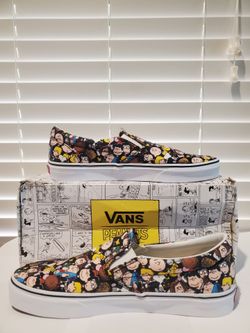 New Vans X Classic Slip-On Peanuts The Gang Snoopy Black Mens 10.5 Womens 12