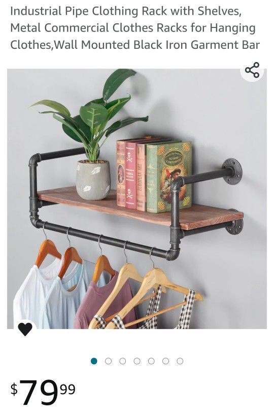 Industrial Pipe Clothing Rack with Shelves, Metal Commercial Clothes Racks for Hanging Clothes,Wall Mounted Black Iron Garment Bar

