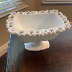 White rectangle pedestal milk glass dish