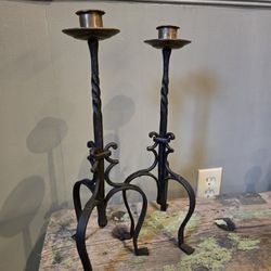 Pair Of Vintage Arts And Craft Brass And Iron Candlesticks 