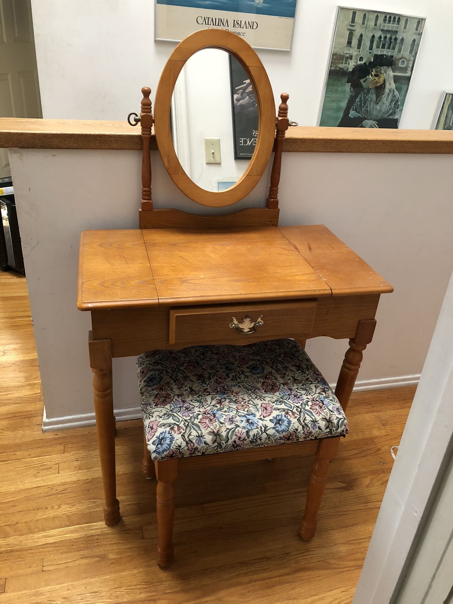 Wood vanity with mirror and stool