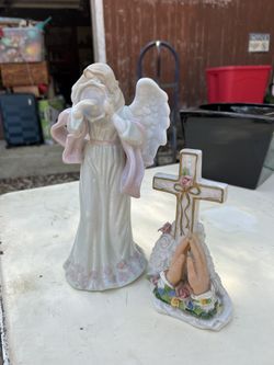 Glass Angel And Praying Hands With Cross