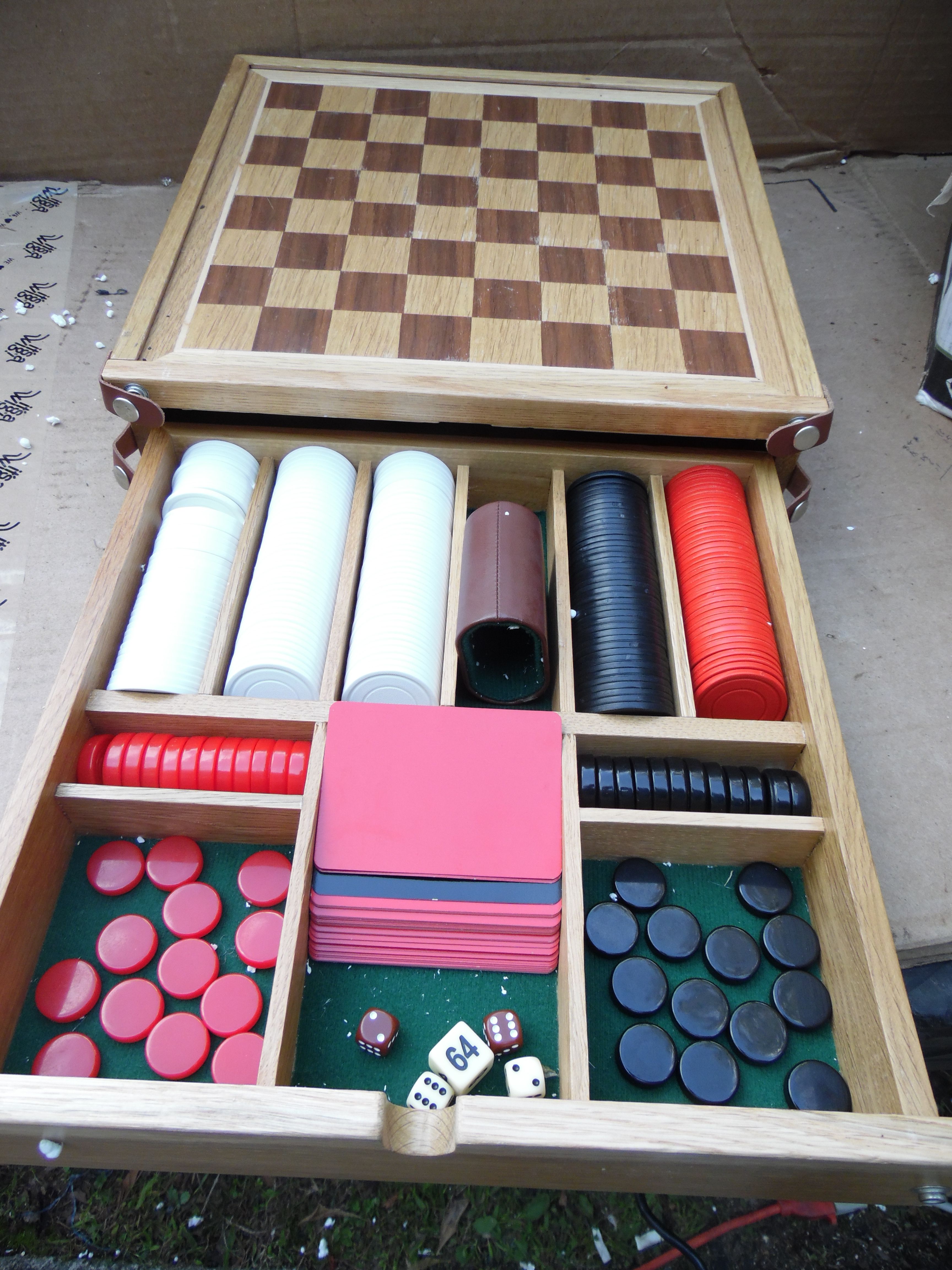 Solid Wood Backgammon Chess Poker Game Board With Chips Dice & Playing Cards