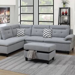 Brand New Light Grey Sectional Sofa w Storage Ottoman 