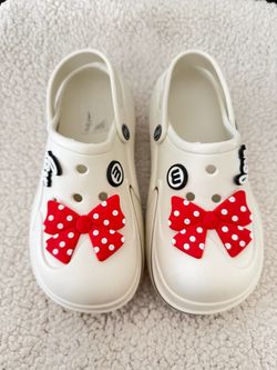 White Clogs with Red Polka Dot Bow Charms Size 6/7