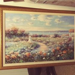 Large painting of victorian dress in floral setting, in vintage gold frame