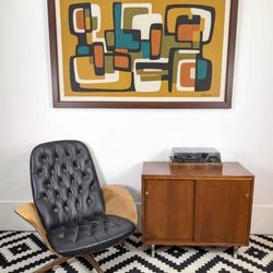 MCM Walnut Record Player Stand & Vinyl Storage Cabinet by Nucraft