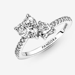 Double Heart Sparkling Ring (Sterling Silver- Size 6)