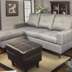 Smaller Style Grey Linen Sectional Couch And Ottoman 