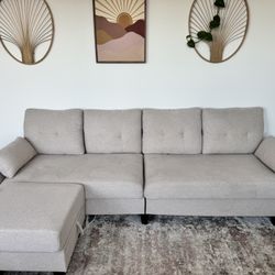Jarenie Versatile 4 Seat L-Shaped Sectional Sofa with Reversible Storage Ottoman & Side Pockets