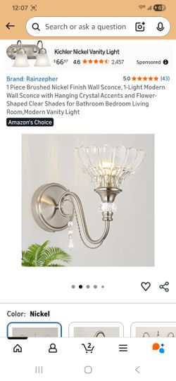 1 Piece Brushed Nickel Finish Wall Sconce, 1-Light Modern Wall Sconce with Hanging Crystal Accents and Flower- Shaped Clear Shades for Bathroom Bedroo