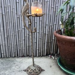 Vintage Cast Iron Peacock Stand w/ Removable Tray Insert (29” Tall) – Great Patina  ⸻  DESCRIPTION  Beautiful vintage cast iron peacock stand with a r