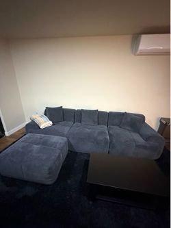 Blue Couch and Dark Blue Rug Combo