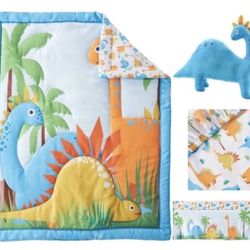  4 Piece Crib Bedding Set for Boys Girls, Nursery Bedding Blue Dinosaur