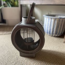 Vintage Wood And Glass Grey Hanging Or Stand Alone Lantern Candle Holder 