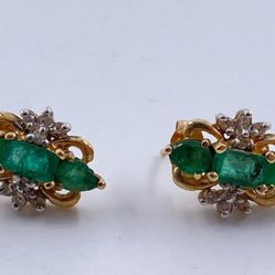 10k Solid Gold Emerald & Diamond  Earrings - May Birthstone  