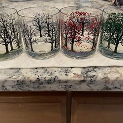 Vintage Signed Houze Four Seasons Glasses / Barware Set Of 4 -Spring-Summer-Winter-Fall