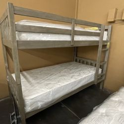 Solid Wood Gray Twin/Twin Bunk Bed with Mattresses