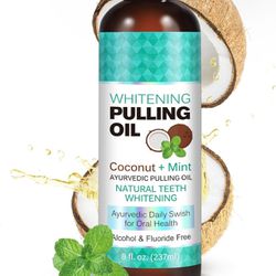 Coconut Mint Pulling Oil Mouthwash, Natural Teeth Whitening, Ayurvedic Daily Swish for Oral Health, Tongue Scraper Included, Alcohol & Fluoride Free, 