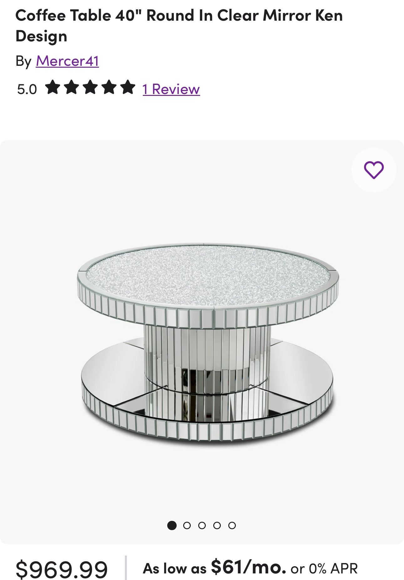 Coffee Table 40” Round Clear Mirror