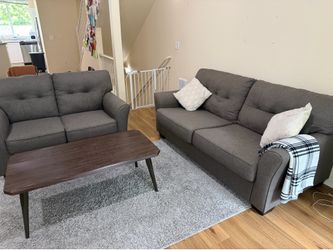 Modern Gray Sofa Set (5) + 1 Accent Chair + 2Coffee & Side Tables + Rug + 2 lamps